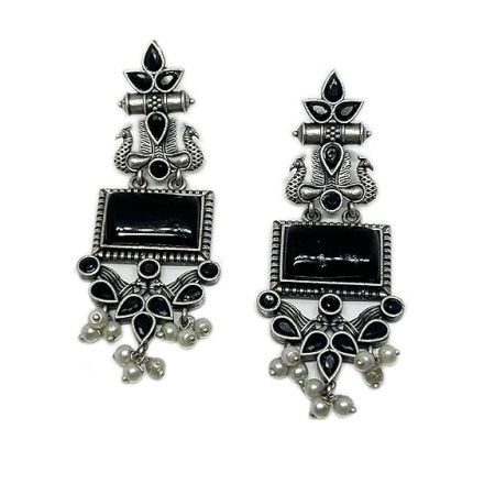 Monalisa Stone Peacock Earrings - Oxidized Finish, Brass, Silver Replica, Exquisite Oxidised Peacock Earring
