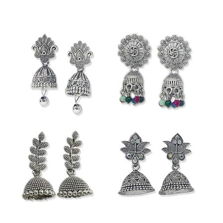 Elegant Oxidized Jhumka Earring Combo of 4 Pairs : Stylish Silver Ethnic Jhumki Earrings for Women and Girls