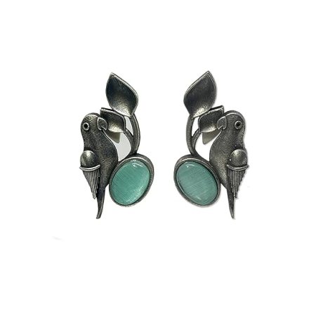 Pastel Green Oxidized Parrot Kili Bird and Leaf Motif Earrings with Pastel Green Monalisa Stone in Brass