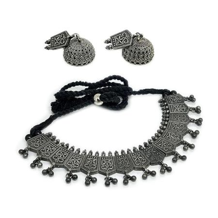 Black Oxidised Slique Ethnic Boho Tribal Necklace Set with Ghungroo & Jhumka Fusion for women and girls