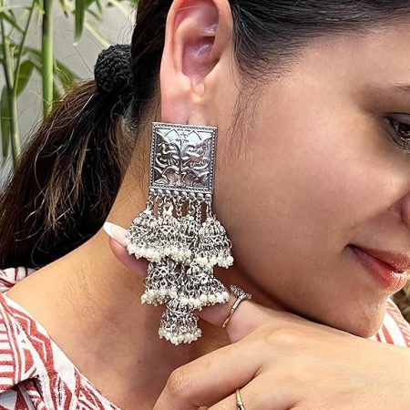 Antique Oxidized Handmade Jhumka Earrings with Pearls & Beads - Traditional Ethnic Textured Women Jhumki with fine detailing