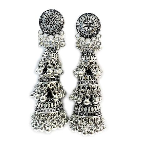 Oxidised Fusion 3 - Layered Oxidized and long black Jhumka Earrings set for women and girls