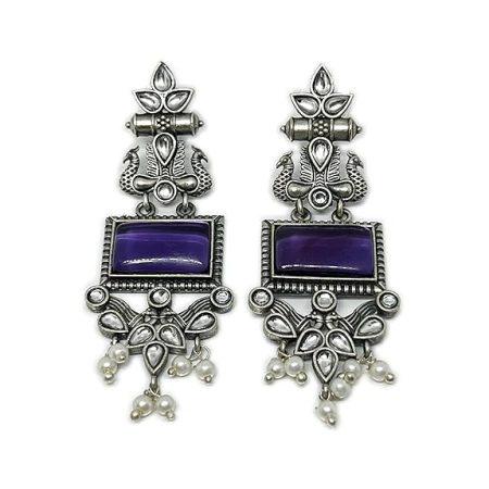 Monalisa Stone Peacock Earrings - Oxidized Finish, Brass, Silver Replica, Exquisite Oxidised Peacock Earring