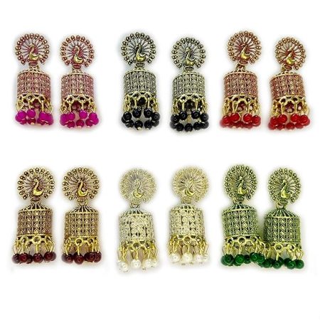 Ethnic Stylish Trendy Jhumki combo Set - 6 Peacock-Inspired Dual toned Colored Jhumkas with beads for women and Girls