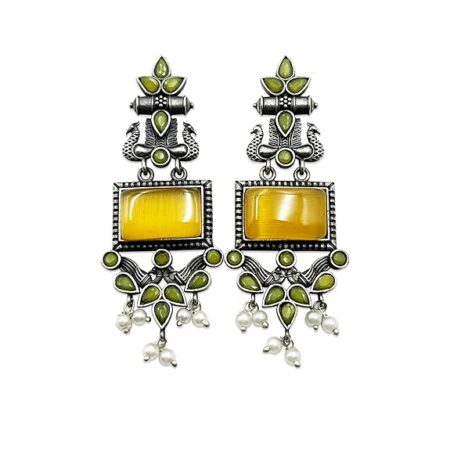 Monalisa Stone Peacock Earrings - Oxidized Finish, Brass, Silver Replica, Exquisite Oxidised Peacock Earring