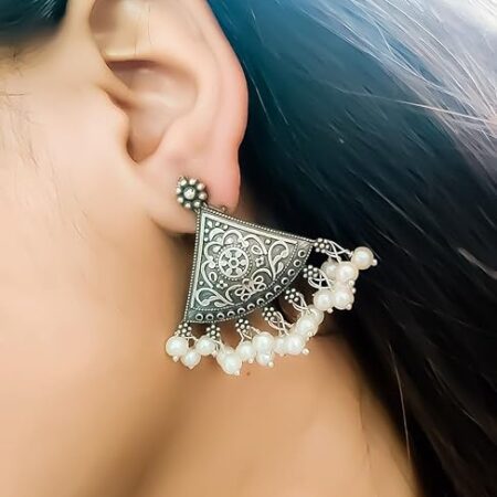 Indian traditional Oxidized Peacock Geometric Design Brass Studs – Antique pearl Jhumka Earrings for women n girls