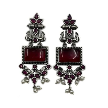 Monalisa Stone Peacock Earrings - Oxidized Finish, Brass, Silver Replica, Exquisite Oxidised Peacock Earring