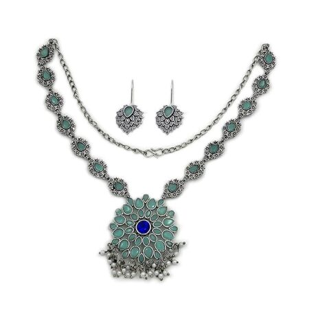 Ethnic Floral Oxidized elegant Jewelry Set with studded Stones Available in 2 Colors