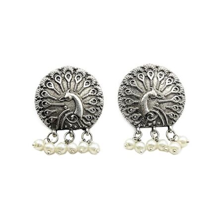 Indian traditional Oxidized Peacock Geometric Design Brass Studs – Antique pearl Jhumka Earrings for women n girls
