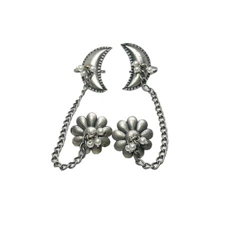 Oxidized Half Moon Ear Cuffs with Chain Detailing Women and Girls