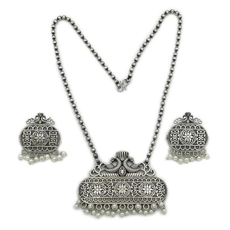 Rajasthani Traditional Pendant Jewelry Set with Long Ball Chain and White Pearls in Oxidized Finish for women and girls