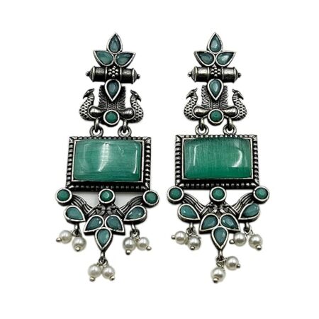 Monalisa Stone Peacock Earrings - Oxidized Finish, Brass, Silver Replica, Exquisite Oxidised Peacock Earring