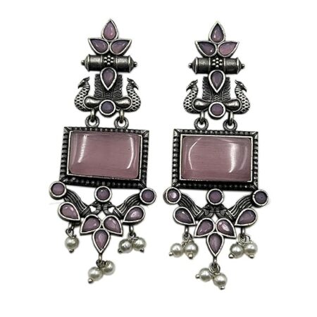 Monalisa Stone Peacock Earrings - Oxidized Finish, Brass, Silver Replica, Exquisite Oxidised Peacock Earring