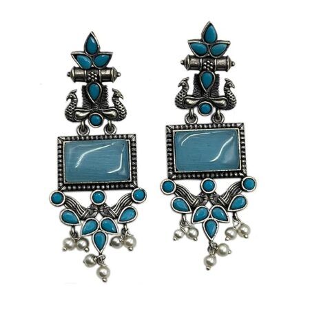 Monalisa Stone Peacock Earrings - Oxidized Finish, Brass, Silver Replica, Exquisite Oxidised Peacock Earring