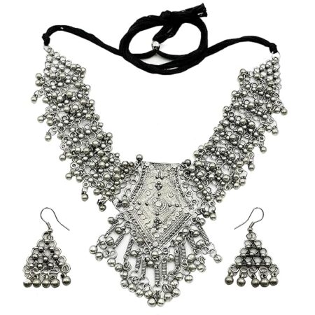 Antique Afghan Oxidized polished Ethnic Necklace and Earrings Jewelry Set with Ghungroo Bells for women and girls