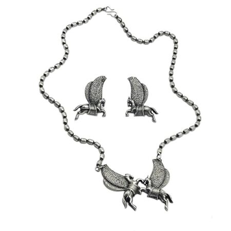 Antique Black Magical Flying Horse Necklace and Stud Earrings Set | Brass Antique Oxidized Pegasus, Shaahi Ghoda, Winged Horse Motifs Earrings Pegasus Inspired Statement Jewelry For Women n Girls