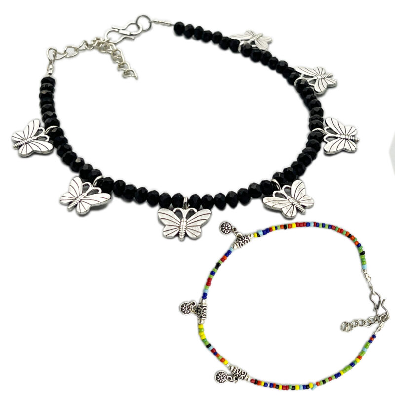 THE STYLE COURTYARD Contemporary Oxidised Silver Anklets/Payal for Women and Girls Collection of designs created with Oxidised Motifs, Beads, & Shell