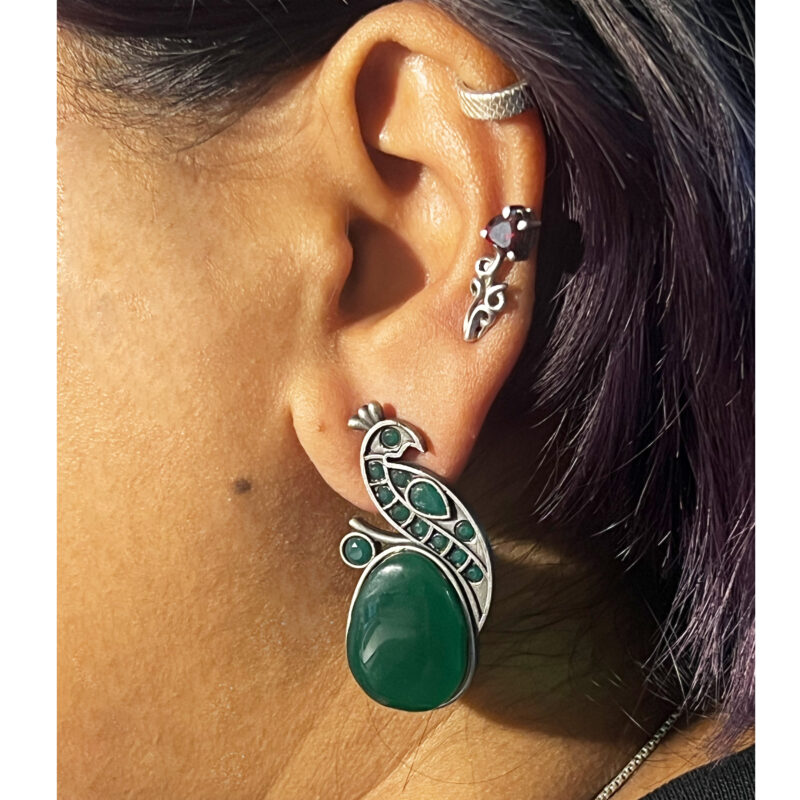 The Style Courtyard Oxidised Silver Peacock Stud Earrings | Brass Mayura Drop Earrings | Mona Lisa Bird Earrings in many colors for Women & Girls - Image 4