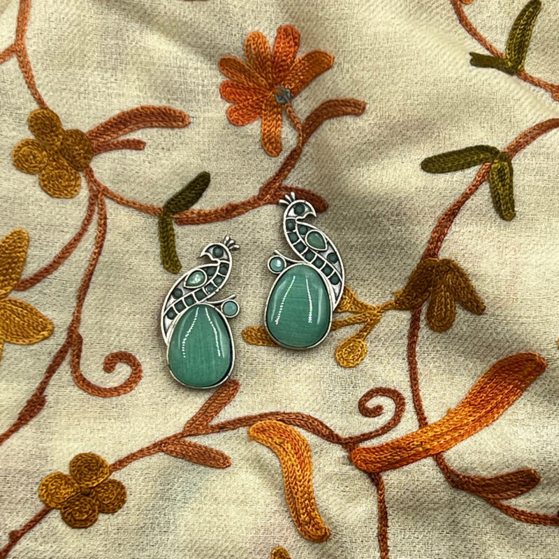 The Style Courtyard Oxidised Silver Peacock Stud Earrings | Brass Mayura Drop Earrings | Mona Lisa Bird Earrings in many colors for Women & Girls - Image 5