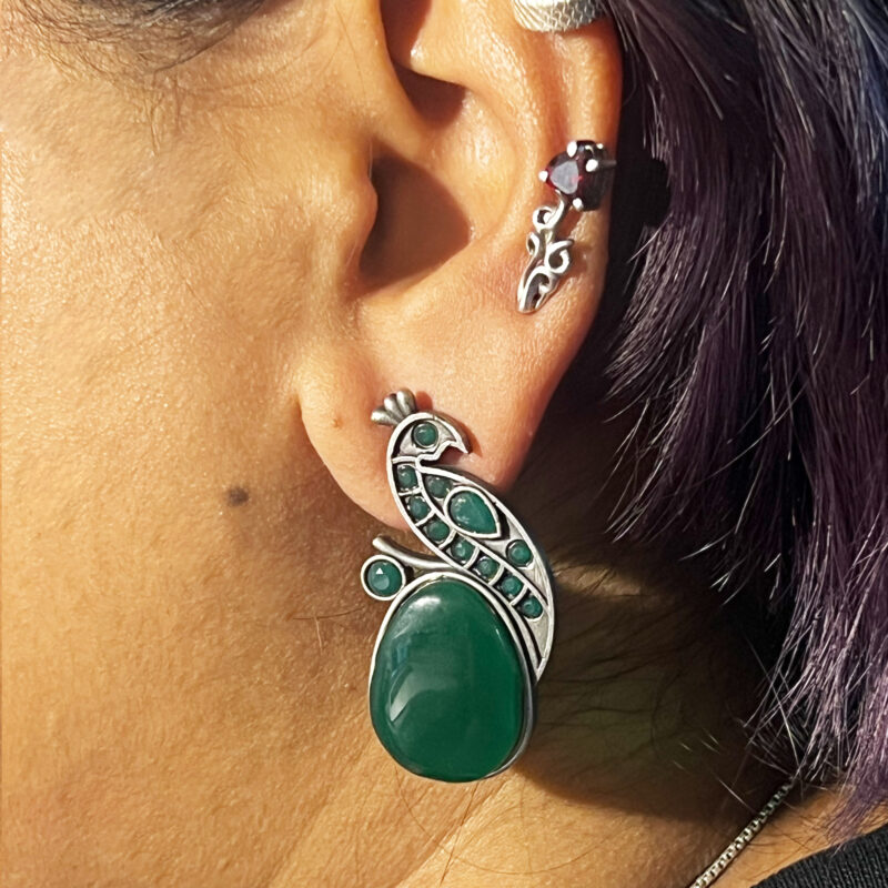 The Style Courtyard Oxidised Silver Peacock Stud Earrings | Brass Mayura Drop Earrings | Mona Lisa Bird Earrings in many colors for Women & Girls - Image 4