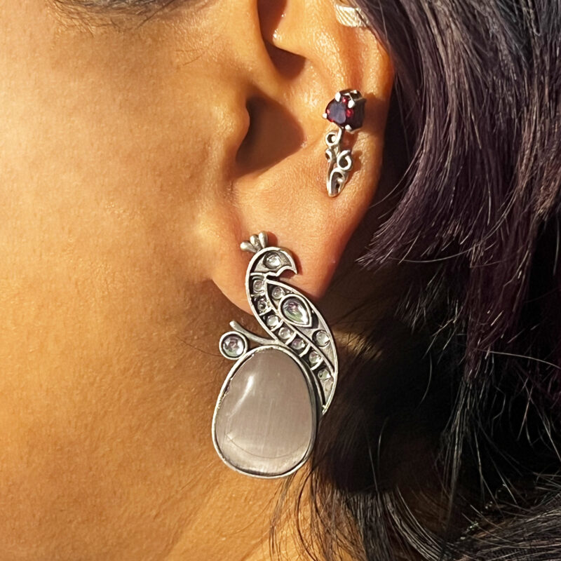 The Style Courtyard Oxidised Silver Peacock Stud Earrings | Brass Mayura Drop Earrings | Mona Lisa Bird Earrings in many colors for Women & Girls - Image 3