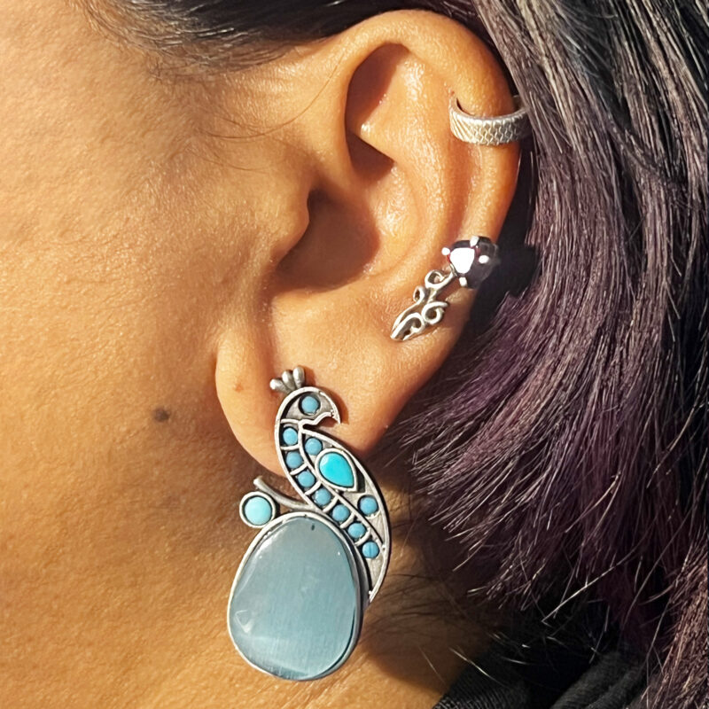 The Style Courtyard Oxidised Silver Peacock Stud Earrings | Brass Mayura Drop Earrings | Mona Lisa Bird Earrings in many colors for Women & Girls - Image 2
