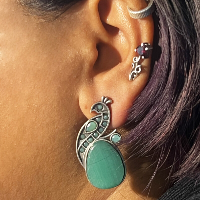 The Style Courtyard Oxidised Silver Peacock Stud Earrings | Brass Mayura Drop Earrings | Mona Lisa Bird Earrings in many colors for Women & Girls - Image 2