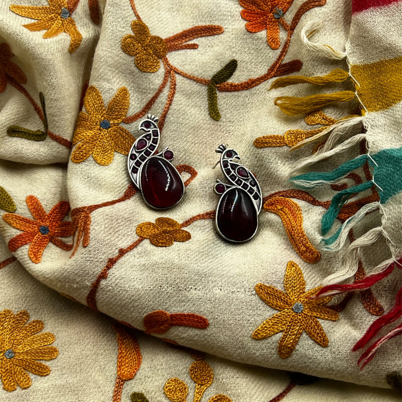 The Style Courtyard Oxidised Silver Peacock Stud Earrings | Brass Mayura Drop Earrings | Mona Lisa Bird Earrings in many colors for Women & Girls - Image 3