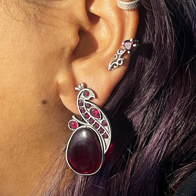 The Style Courtyard Oxidised Silver Peacock Stud Earrings | Brass Mayura Drop Earrings | Mona Lisa Bird Earrings in many colors for Women & Girls - Image 2