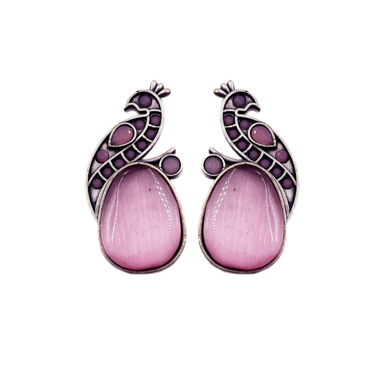 The Style Courtyard Oxidised Silver Peacock Stud Earrings | Brass Mayura Drop Earrings | Mona Lisa Bird Earrings in many colors for Women & Girls - Image 2