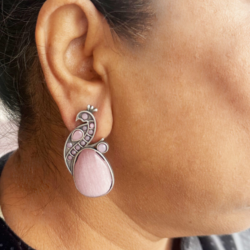 The Style Courtyard Oxidised Silver Peacock Stud Earrings | Brass Mayura Drop Earrings | Mona Lisa Bird Earrings in many colors for Women & Girls - Image 6