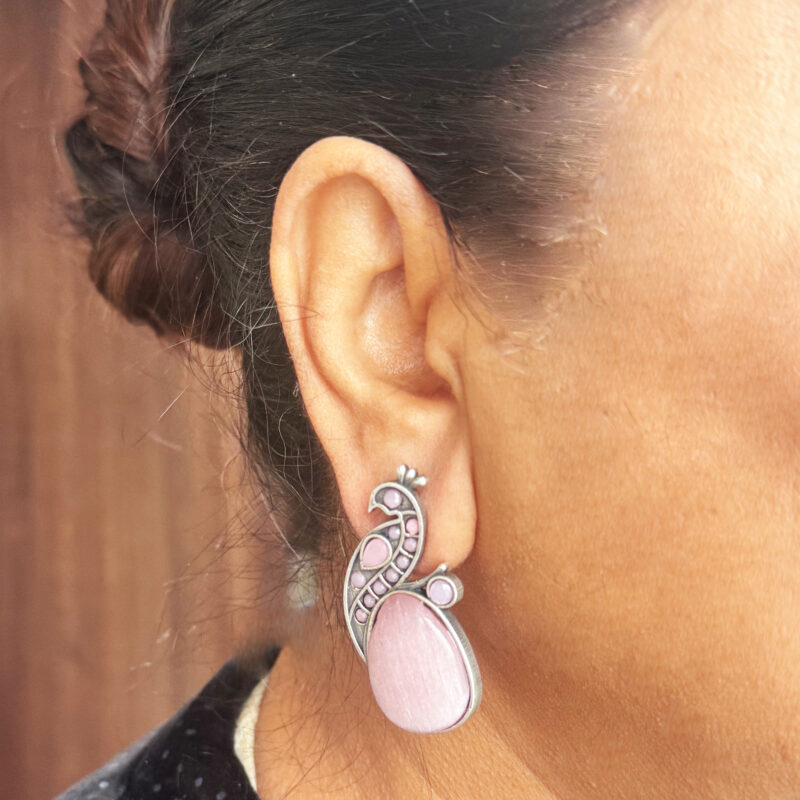 The Style Courtyard Oxidised Silver Peacock Stud Earrings | Brass Mayura Drop Earrings | Mona Lisa Bird Earrings in many colors for Women & Girls - Image 5