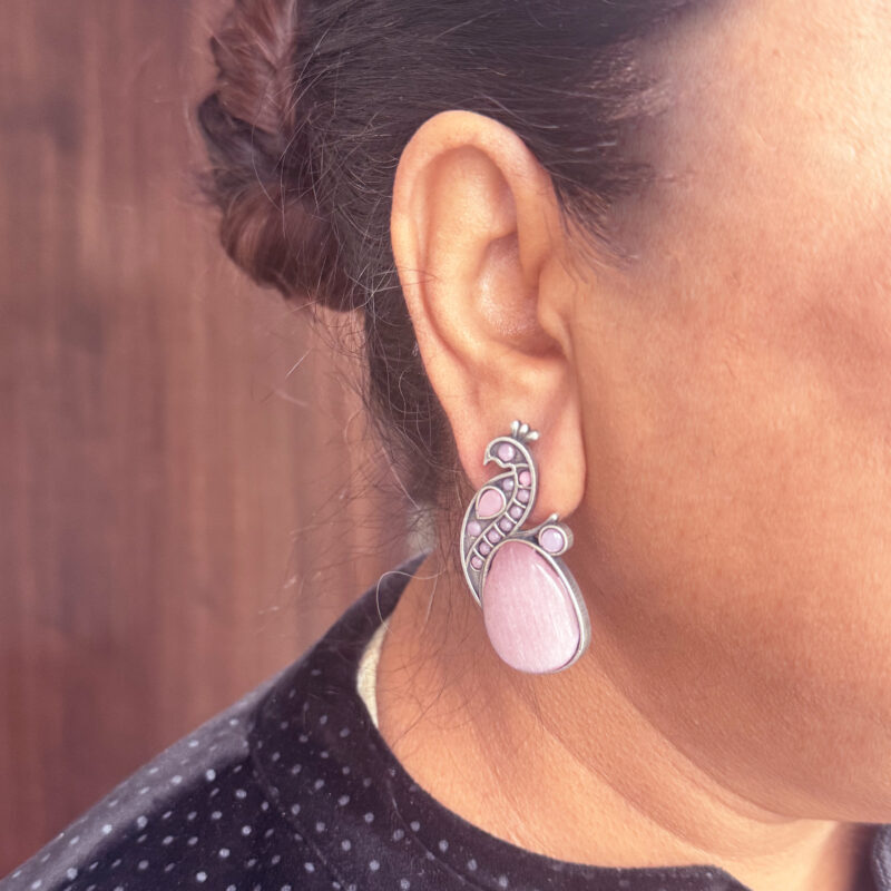 The Style Courtyard Oxidised Silver Peacock Stud Earrings | Brass Mayura Drop Earrings | Mona Lisa Bird Earrings in many colors for Women & Girls - Image 4
