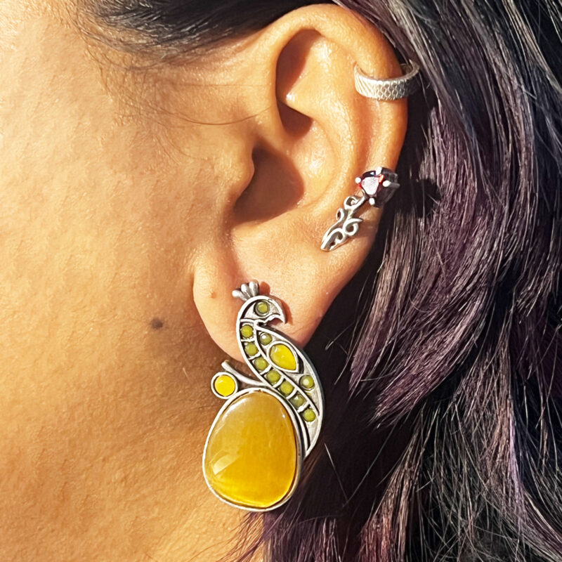 The Style Courtyard Oxidised Silver Peacock Stud Earrings | Brass Mayura Drop Earrings | Mona Lisa Bird Earrings in many colors for Women & Girls - Image 2