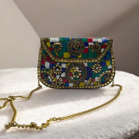 Multicolor Stone Inlay Mosaic Sling Bag for Women | Handmade Ethnic Clutch Purse with Brass Chain