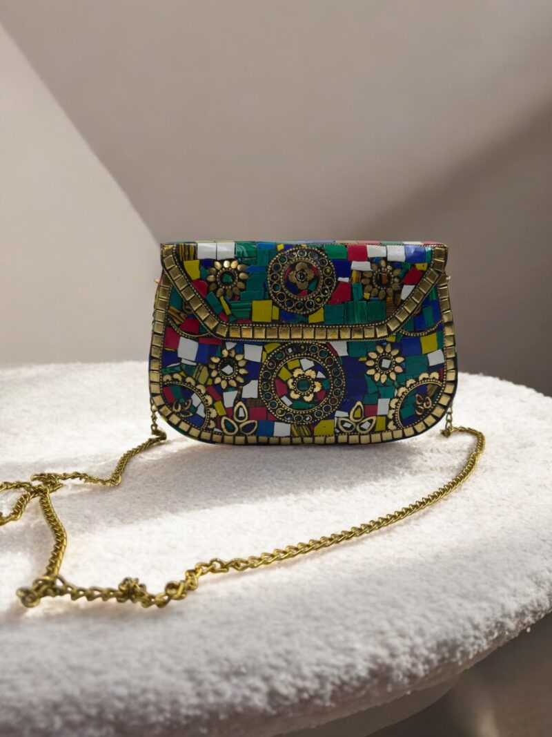 Multicolor Stone Inlay Mosaic Sling Bag for Women | Handmade Ethnic Clutch Purse with Brass Chain