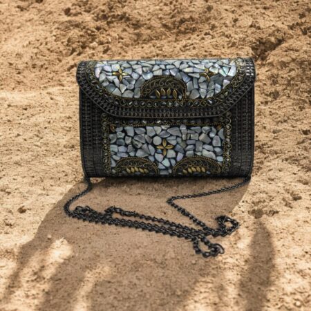 Black Stone Inlay Mosaic Clutch Bag | Handmade Mother-of-Pearl Sling Purse for Women with Black Chain