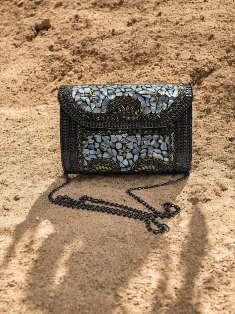 Black Stone Inlay Mosaic Clutch Bag | Handmade Mother-of-Pearl Sling Purse for Women with Black Chain