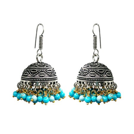Traditional Oxidised Jhumka Earrings with Color Beads – Lightweight Ethnic Dangler for Women & Girls (Multiple Colors)
